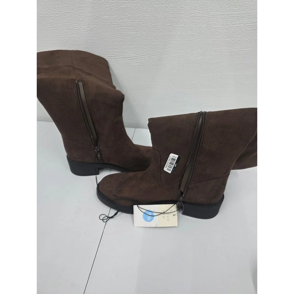 A New Day Womens Brown Suede Tall Boots Side Zip Buckle Block Heel Size 7.5 NEW